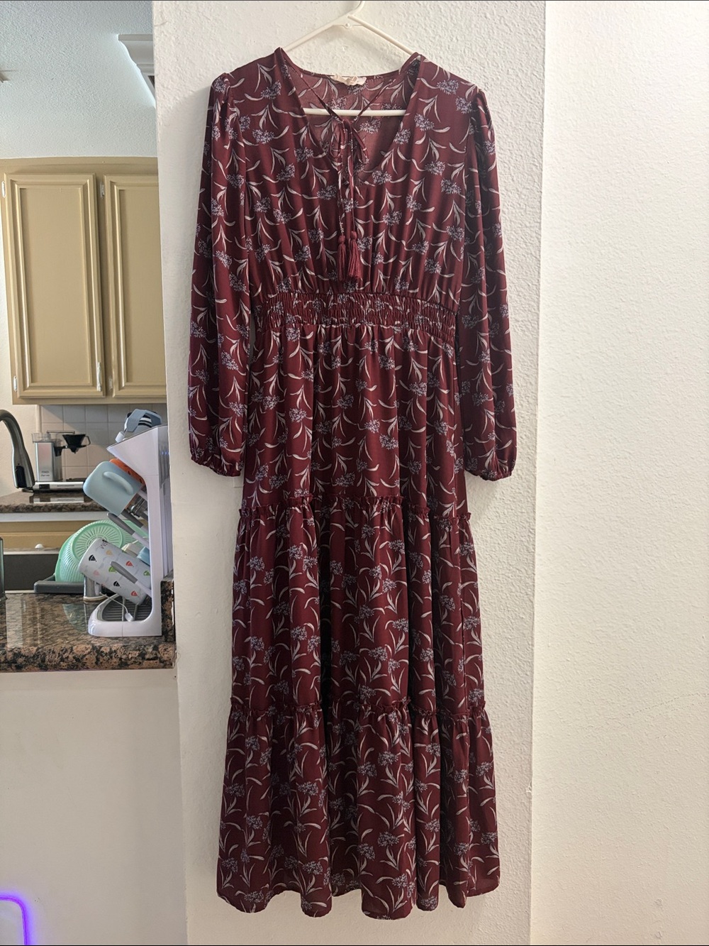 Burgundy Floral Maxi Dress with Shirred Waist